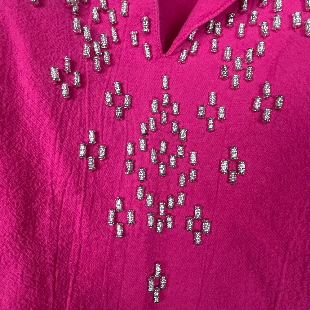 Susan Graver Pink Beaded‎ Top 1X Roll-Tab Sleeve Casual Cotton Coastal Everyday - Picture 3 of 7